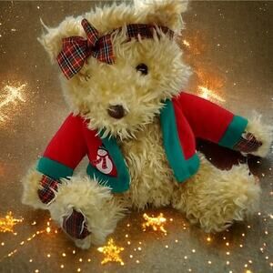 Hallmark Merrily Bear Plush 12” Christmas Teddy Red Green Sweater Shaggy Blonde